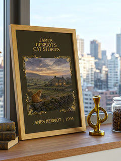 James Herriot's Cat Stories Classic Book Art Print by James Herriot – framed print on a city-view windowsill