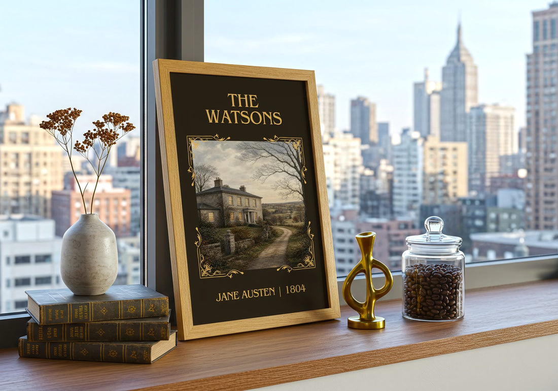 The Watsons Classic Book Art Print by Jane Austen – framed print on a city-view windowsill