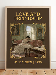 Love And Freindship Classic Book Art Print by Jane Austen – framed print leaning on a wooden floor