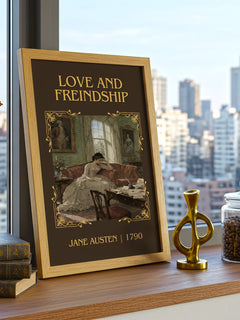 Love And Freindship Classic Book Art Print by Jane Austen – framed print on a city-view windowsill