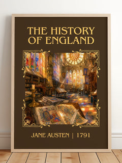 The History Of England Classic Book Art Print by Jane Austen – framed print leaning on a wooden floor