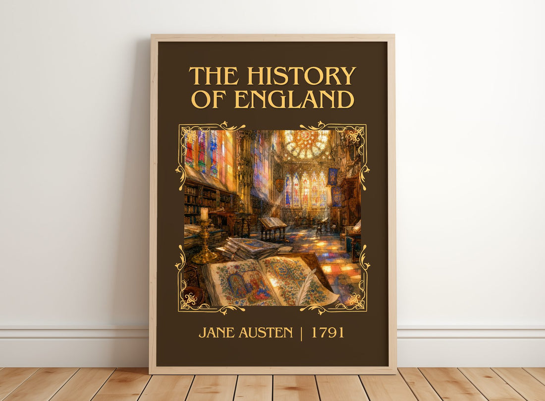 The History Of England Classic Book Art Print by Jane Austen – framed print leaning on a wooden floor