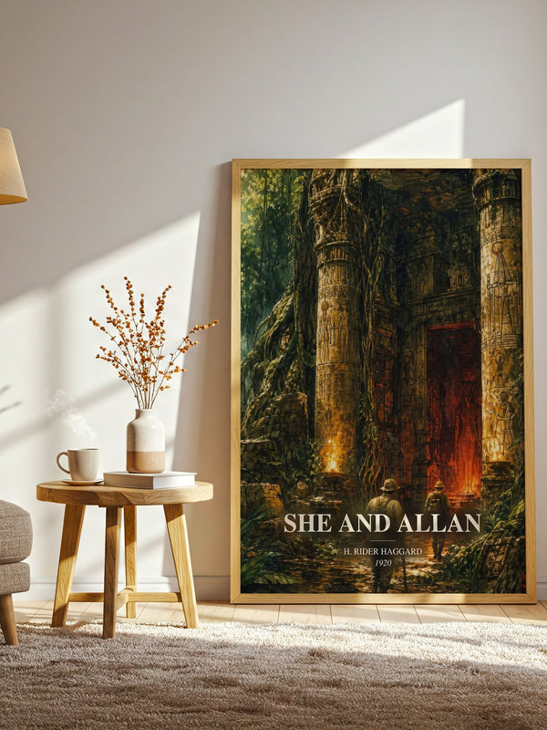 She And Allan watercolour print in frame leaning in hallway – adventure wall art
