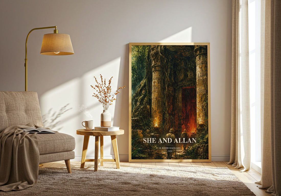 She And Allan watercolour print in frame leaning in hallway – adventure wall art (mockup)