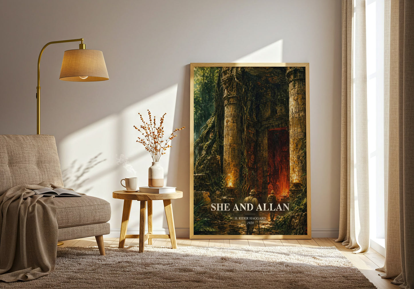 She And Allan watercolour print in frame leaning in hallway – adventure wall art