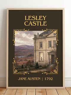 Lesley Castle Classic Book Art Print by Jane Austen – framed print leaning on a wooden floor