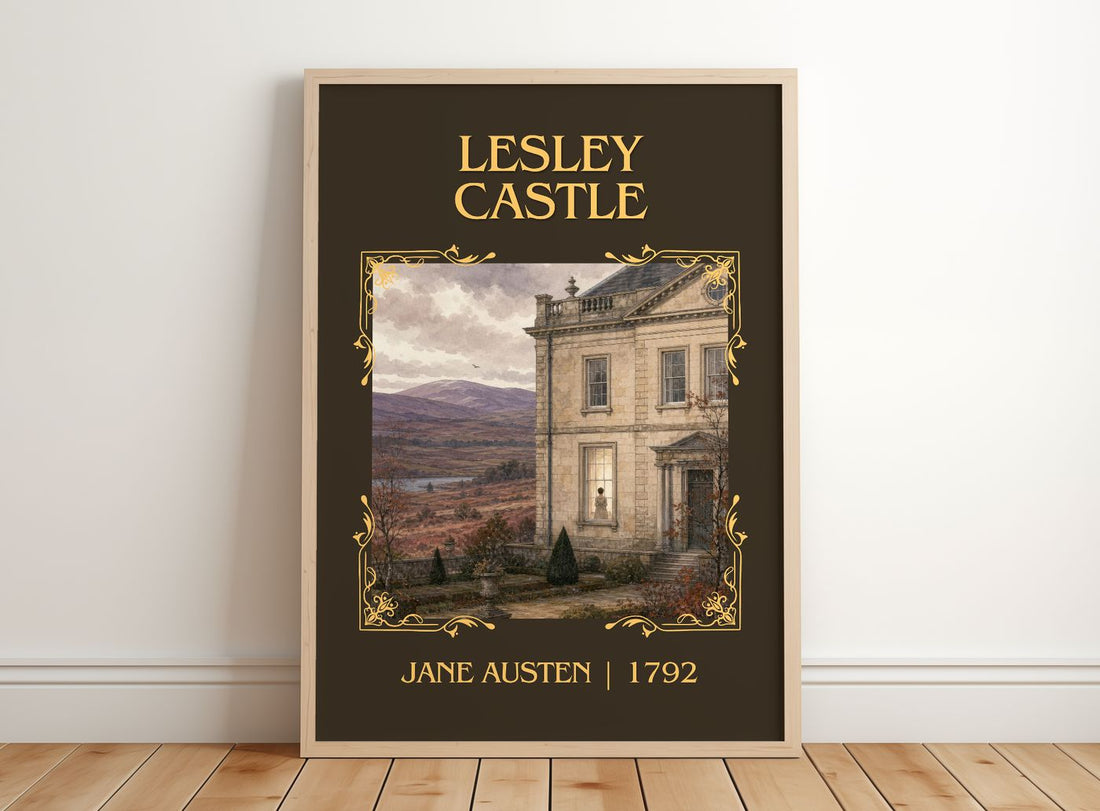 Lesley Castle Classic Book Art Print by Jane Austen – framed print leaning on a wooden floor