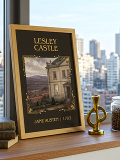 Lesley Castle Classic Book Art Print by Jane Austen – framed print on a city-view windowsill