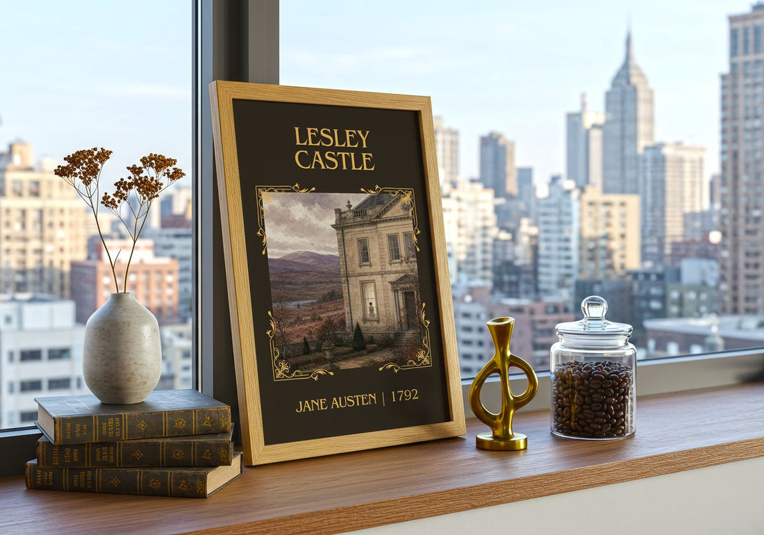 Lesley Castle Classic Book Art Print by Jane Austen – framed print on a city-view windowsill