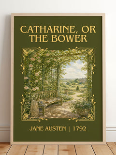 Catharine, Or The Bower Classic Book Art Print by Jane Austen – framed print leaning on a wooden floor
