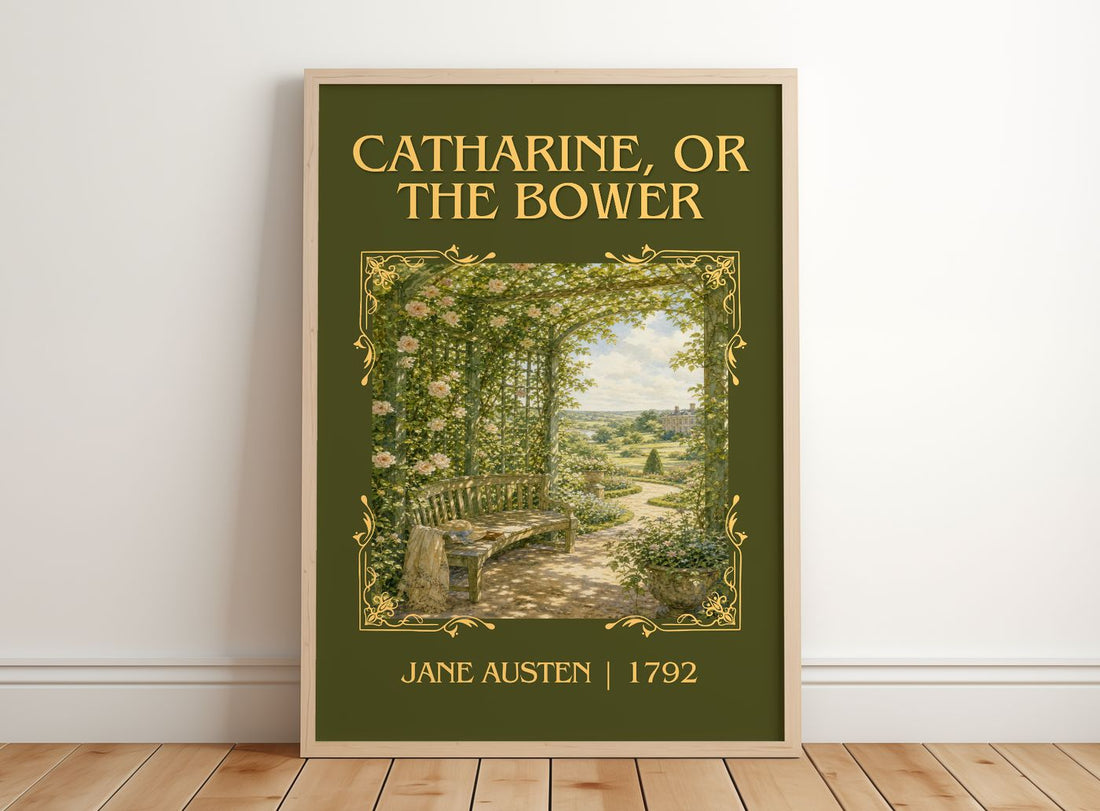 Catharine, Or The Bower Classic Book Art Print by Jane Austen – framed print leaning on a wooden floor