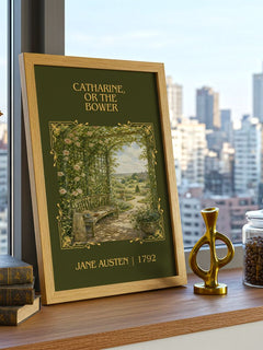 Catharine, Or The Bower Classic Book Art Print by Jane Austen – framed print on a city-view windowsill