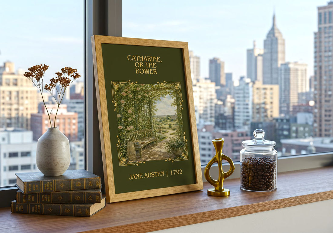 Catharine, Or The Bower Classic Book Art Print by Jane Austen – framed print on a city-view windowsill