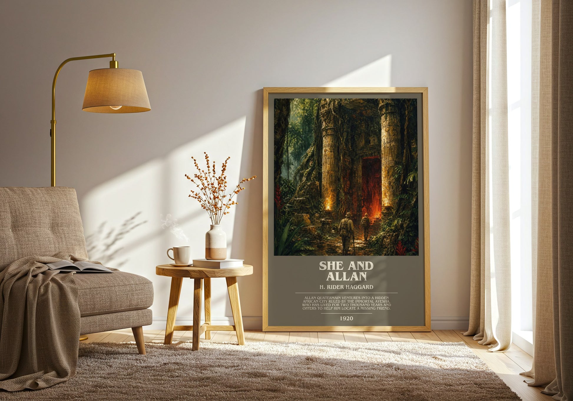 She And Allan bookish print on bookshelf – H. Rider Haggard fan gift