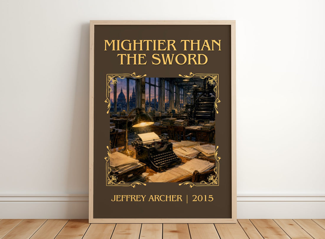 Mightier Than The Sword Classic Book Art Print by Jeffrey Archer – framed print leaning on a wooden floor