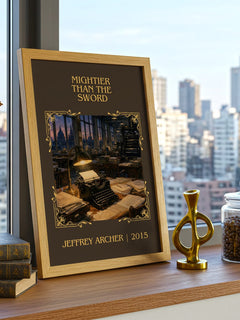 Mightier Than The Sword Classic Book Art Print by Jeffrey Archer – framed print on a city-view windowsill