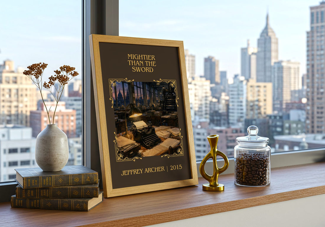 Mightier Than The Sword Classic Book Art Print by Jeffrey Archer – framed print on a city-view windowsill