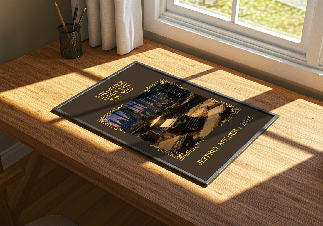 Mightier Than The Sword Classic Book Art Print by Jeffrey Archer – print on a sunlit desk