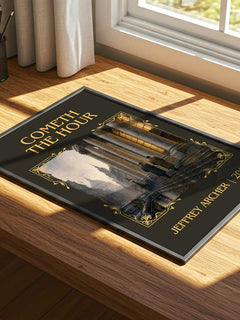 Cometh The Hour Classic Book Art Print by Jeffrey Archer – print on a sunlit desk