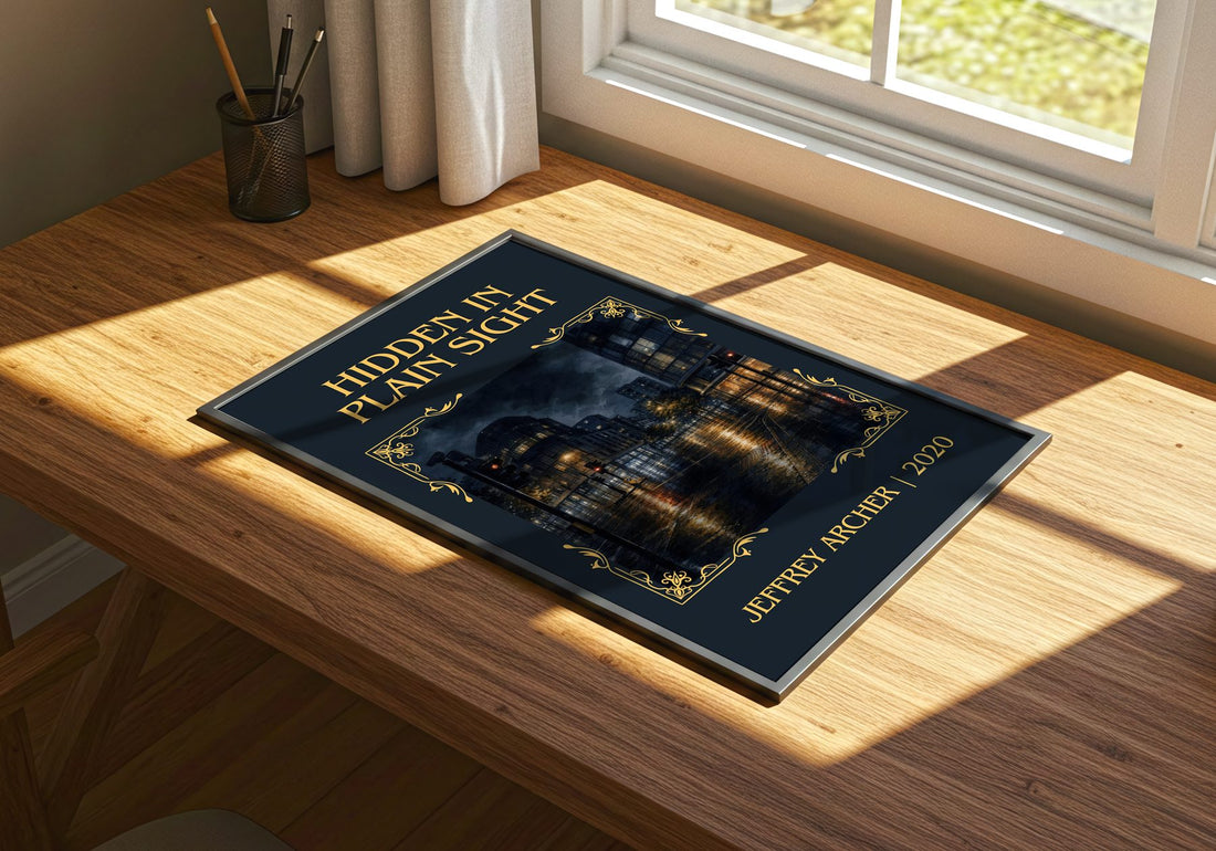 Hidden In Plain Sight Classic Book Art Print by Jeffrey Archer – print on a sunlit desk