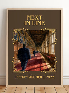 Next In Line Classic Book Art Print by Jeffrey Archer – framed print leaning on a wooden floor
