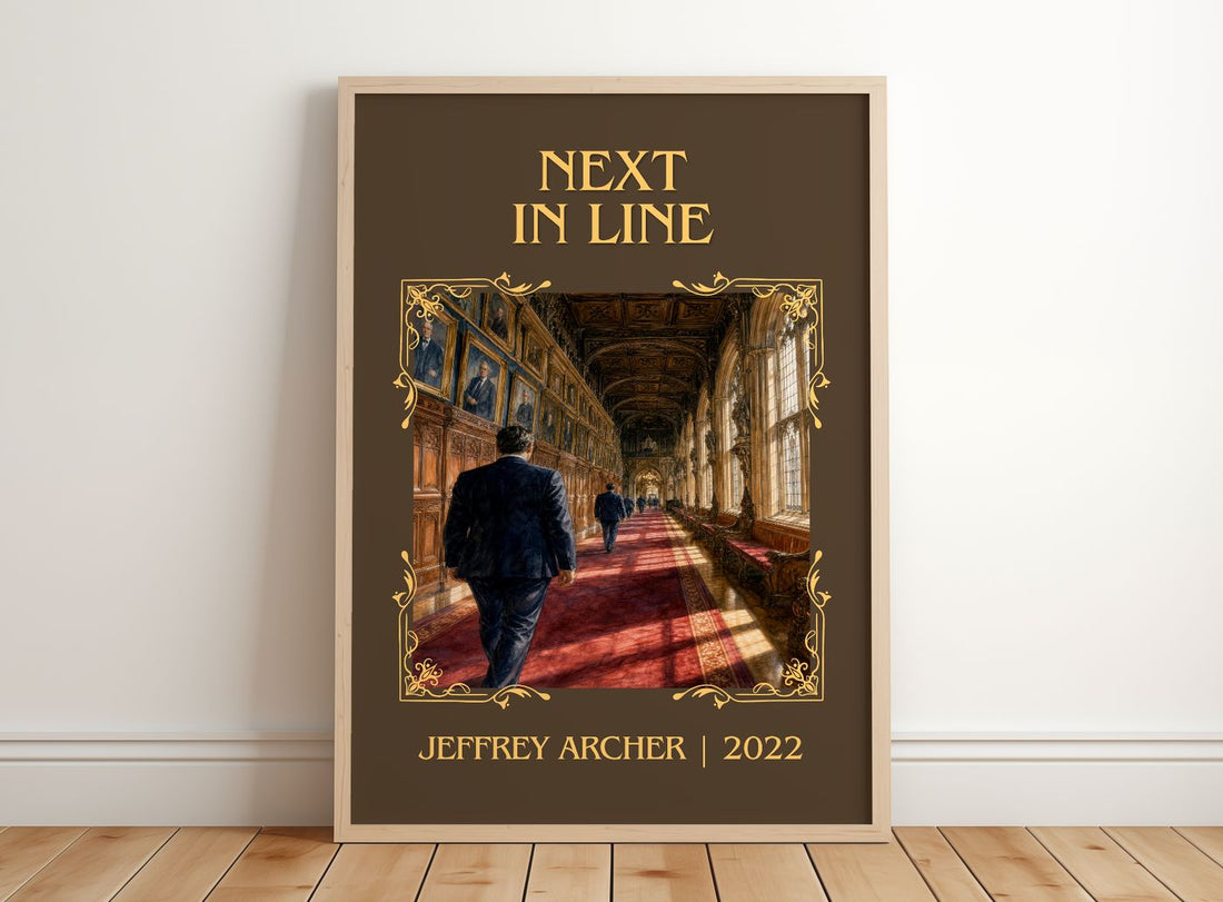 Next In Line Classic Book Art Print by Jeffrey Archer – framed print leaning on a wooden floor