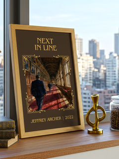 Next In Line Classic Book Art Print by Jeffrey Archer – framed print on a city-view windowsill