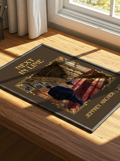 Next In Line Classic Book Art Print by Jeffrey Archer – print on a sunlit desk