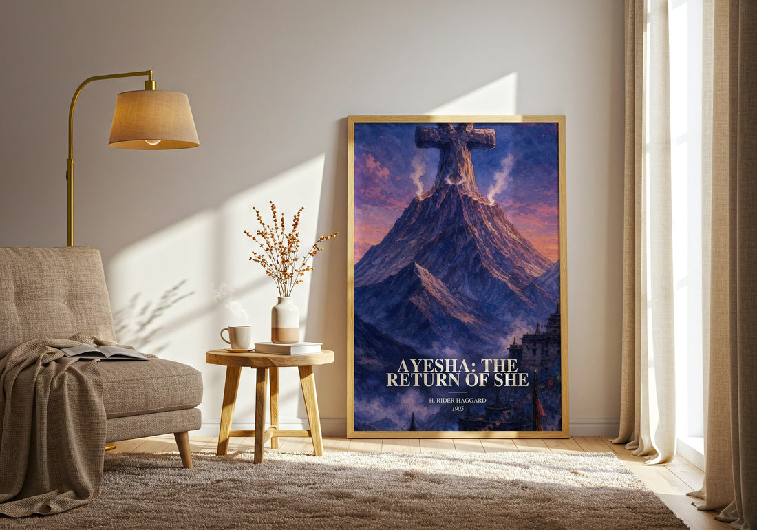 Ayesha: The Return Of She watercolour print in frame leaning in hallway – adventure wall art (mockup)