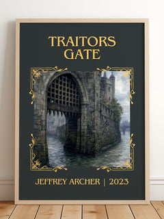 Traitors Gate Classic Book Art Print by Jeffrey Archer – framed print leaning on a wooden floor