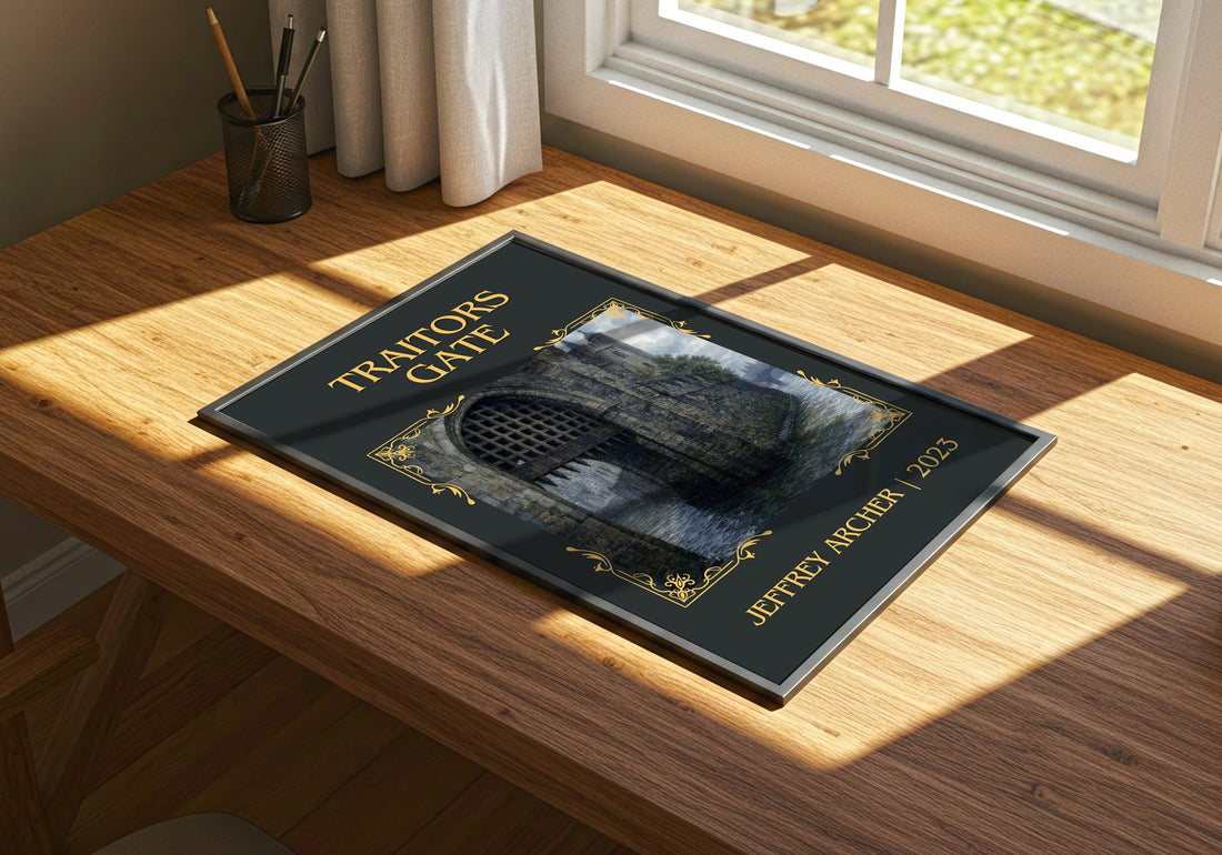 Traitors Gate Classic Book Art Print by Jeffrey Archer – print on a sunlit desk