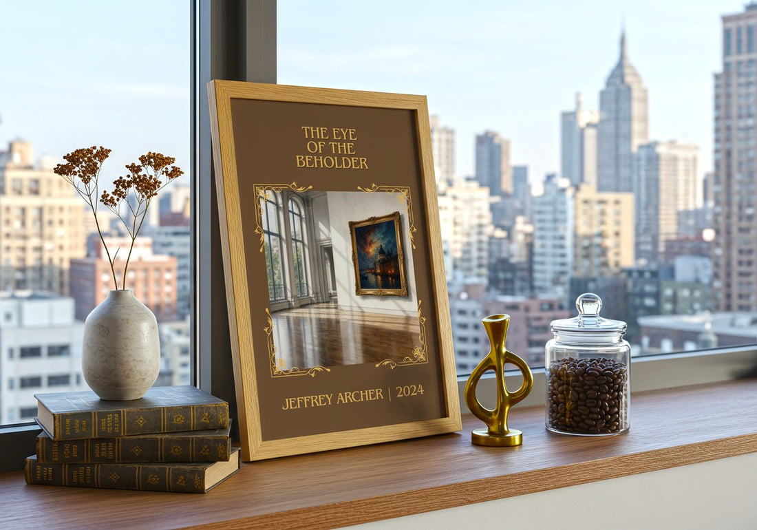 The Eye Of The Beholder Classic Book Art Print by Jeffrey Archer – framed print on a city-view windowsill