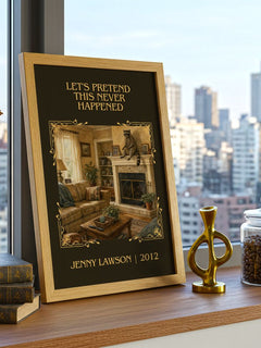 Let's Pretend This Never Happened Classic Book Art Print by J. Lawson – framed print on a city-view windowsill