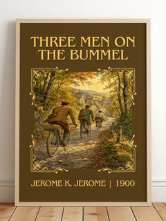 Three Men On The Bummel Classic Book Art Print by Jerome K. Jerome – framed print leaning on a wooden floor