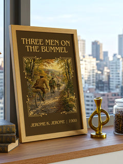 Three Men On The Bummel Classic Book Art Print by Jerome K. Jerome – framed print on a city-view windowsill