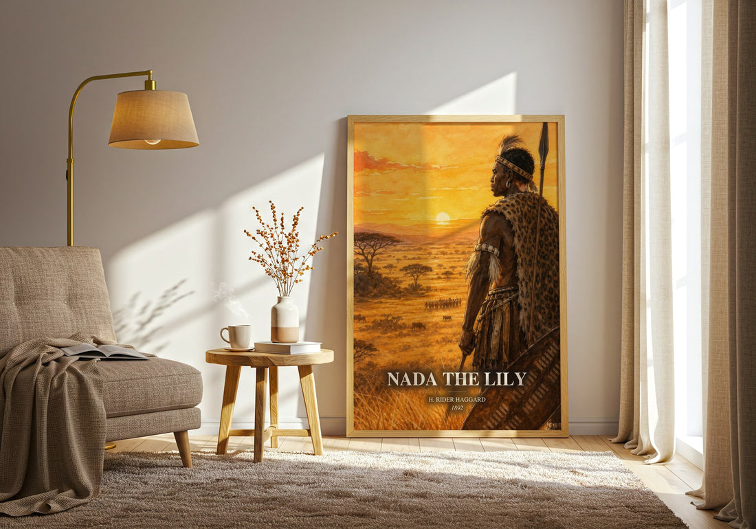 Nada The Lily watercolour print in frame leaning in hallway – adventure wall art (mockup)