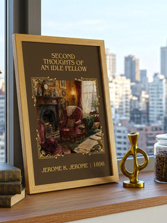 Second Thoughts Of An Idle Fellow Classic Book Art Print by J. Jerome – framed print on a city-view windowsill