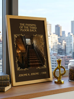 Passing Of The Third Floor Back Classic Book Art Print by J. Jerome – framed print on a city-view windowsill