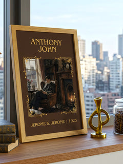 Anthony John Classic Book Art Print by Jerome K. Jerome – framed print on a city-view windowsill