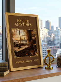 My Life And Times Classic Book Art Print by Jerome K. Jerome – framed print on a city-view windowsill