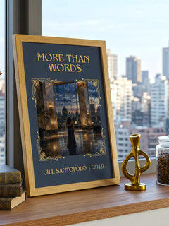 More Than Words Classic Book Art Print by Jill Santopolo – framed print on a city-view windowsill