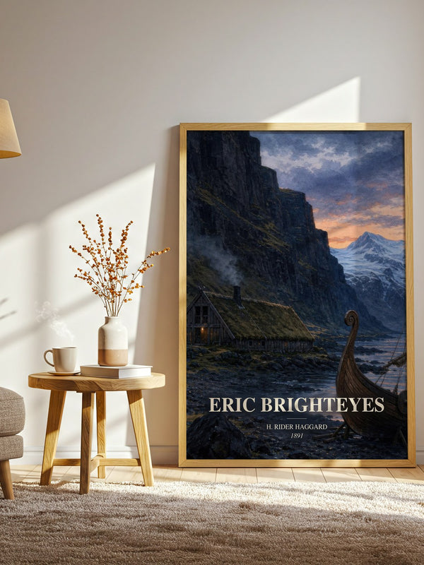 Eric Brighteyes watercolour print in frame leaning in hallway – historical fiction wall art