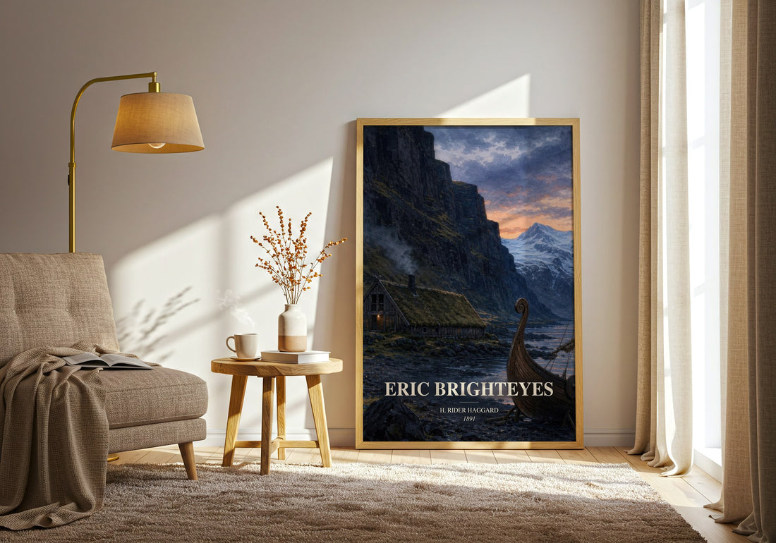 Eric Brighteyes watercolour print in frame leaning in hallway – historical fiction wall art (mockup)