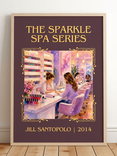 The Sparkle Spa Series Classic Book Art Print by Jill Santopolo – framed print leaning on a wooden floor