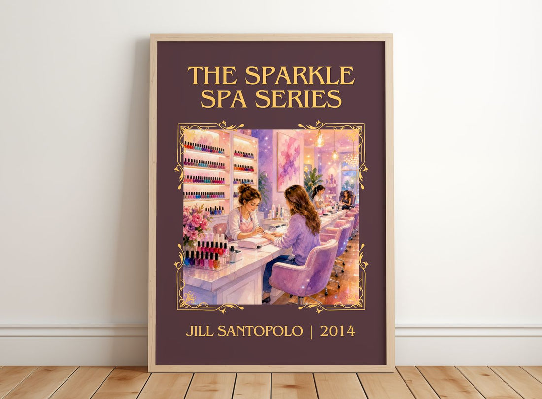 The Sparkle Spa Series Classic Book Art Print by Jill Santopolo – framed print leaning on a wooden floor