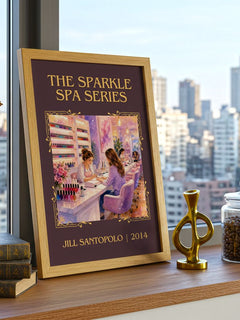The Sparkle Spa Series Classic Book Art Print by Jill Santopolo – framed print on a city-view windowsill
