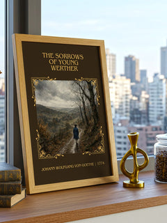 Sorrows Of Young Werther Classic Book Art Print by J. Goethe – framed print on a city-view windowsill