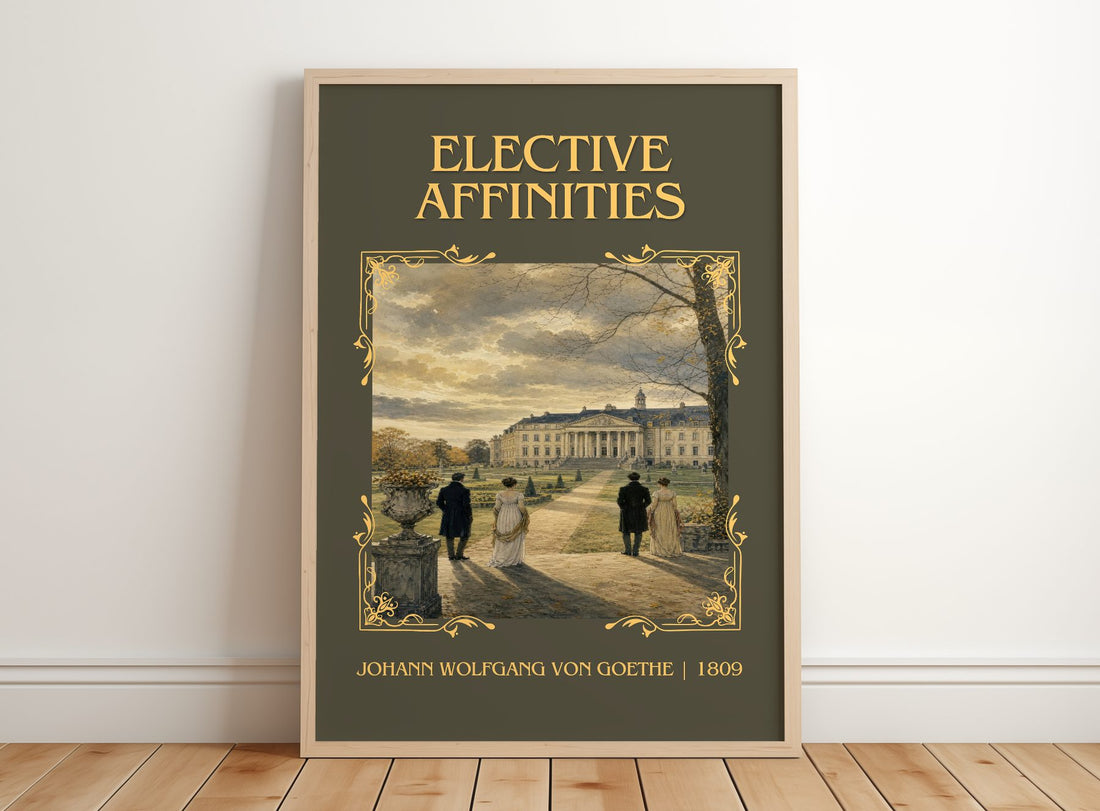 Elective Affinities Classic Book Art Print by J. Goethe – framed print leaning on a wooden floor
