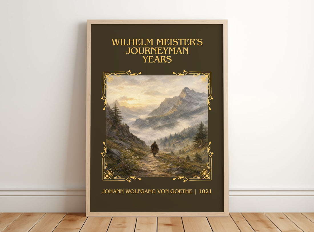 Wilhelm Meister's Journeyman Years Classic Book Art Print by J. Goethe – framed print leaning on a wooden floor