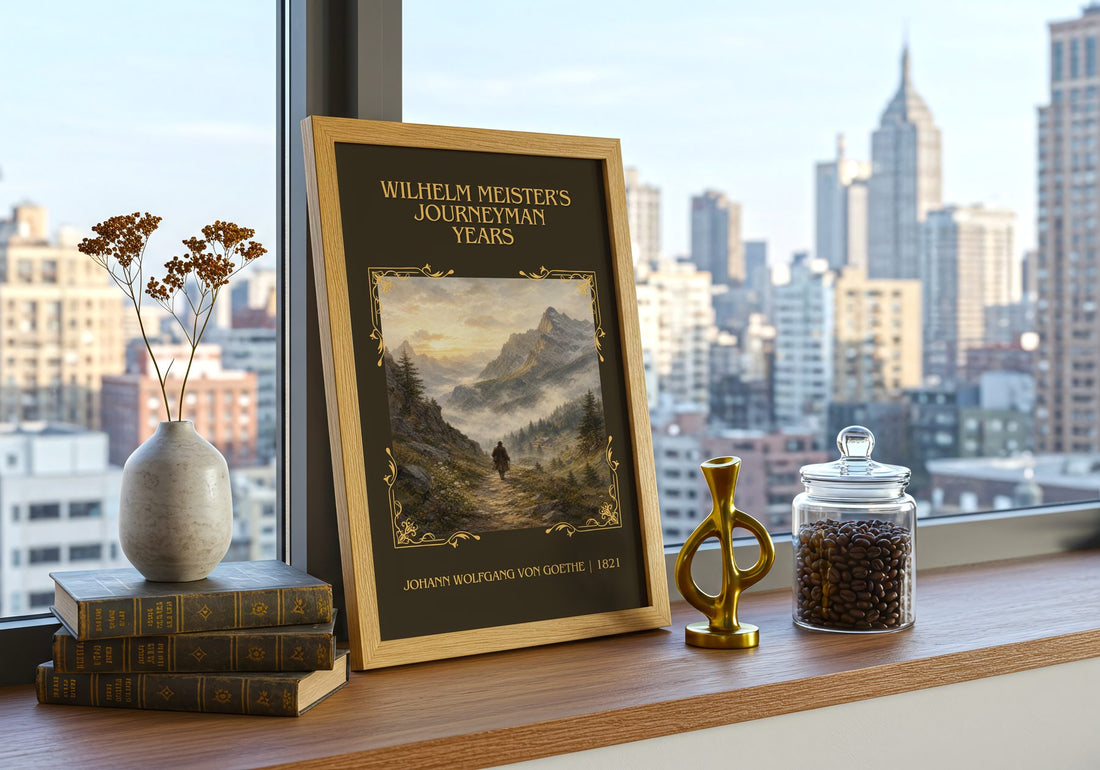 Wilhelm Meister's Journeyman Years Classic Book Art Print by J. Goethe – framed print on a city-view windowsill